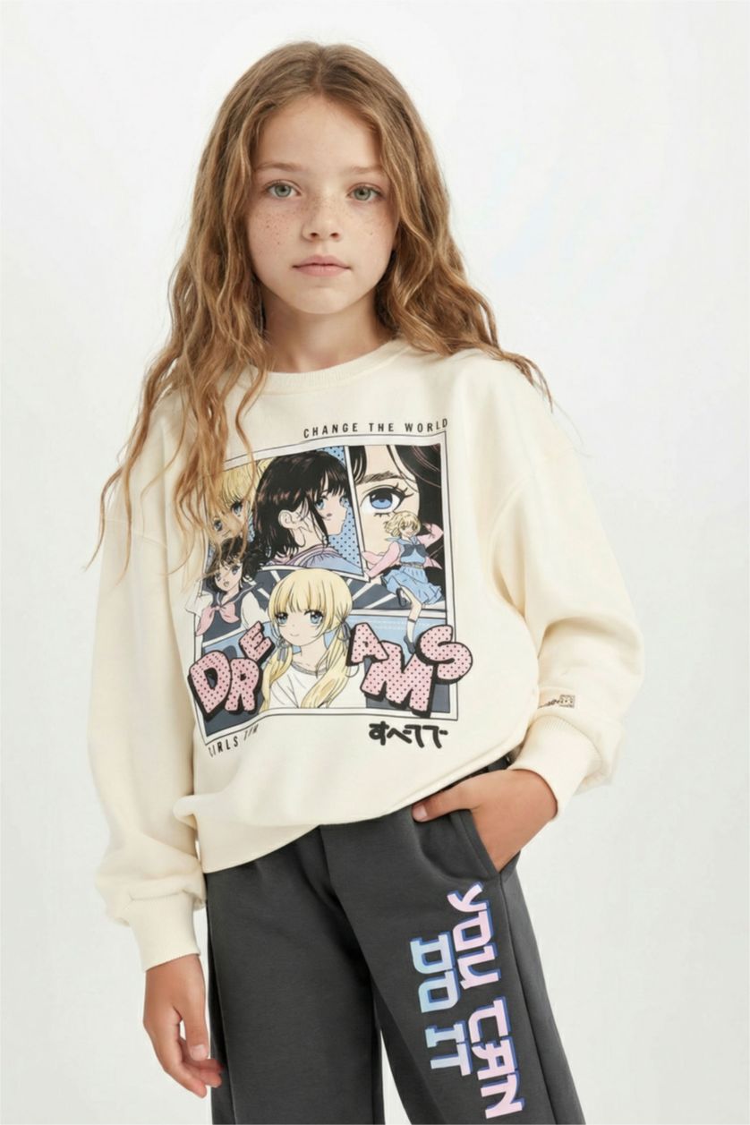 Kız Çocuk - Genç Kız Ekru Kız Çocuk Oversize Geniş Kalıp Bisiklet Yaka Baskılı Sweatshirt