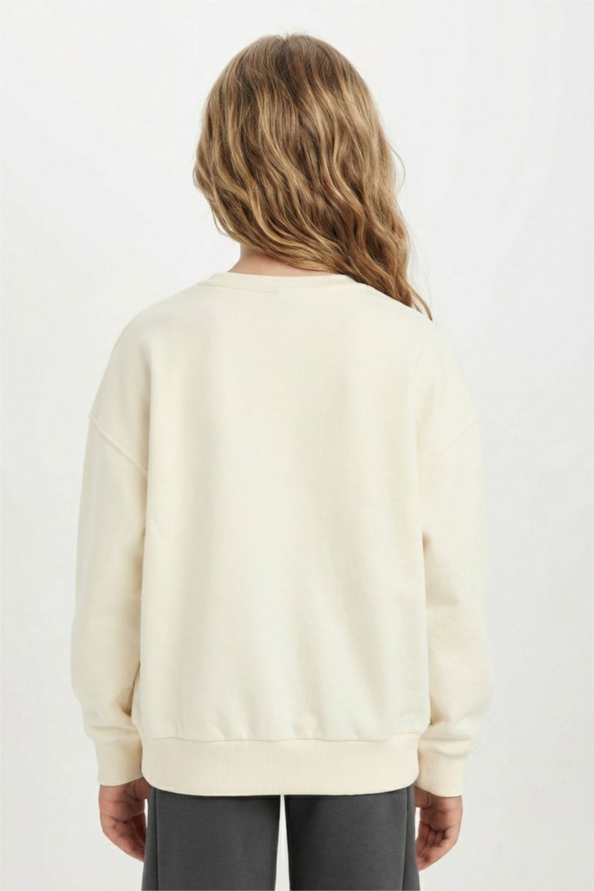 Kız Çocuk - Genç Kız Ekru Kız Çocuk Oversize Geniş Kalıp Bisiklet Yaka Baskılı Sweatshirt