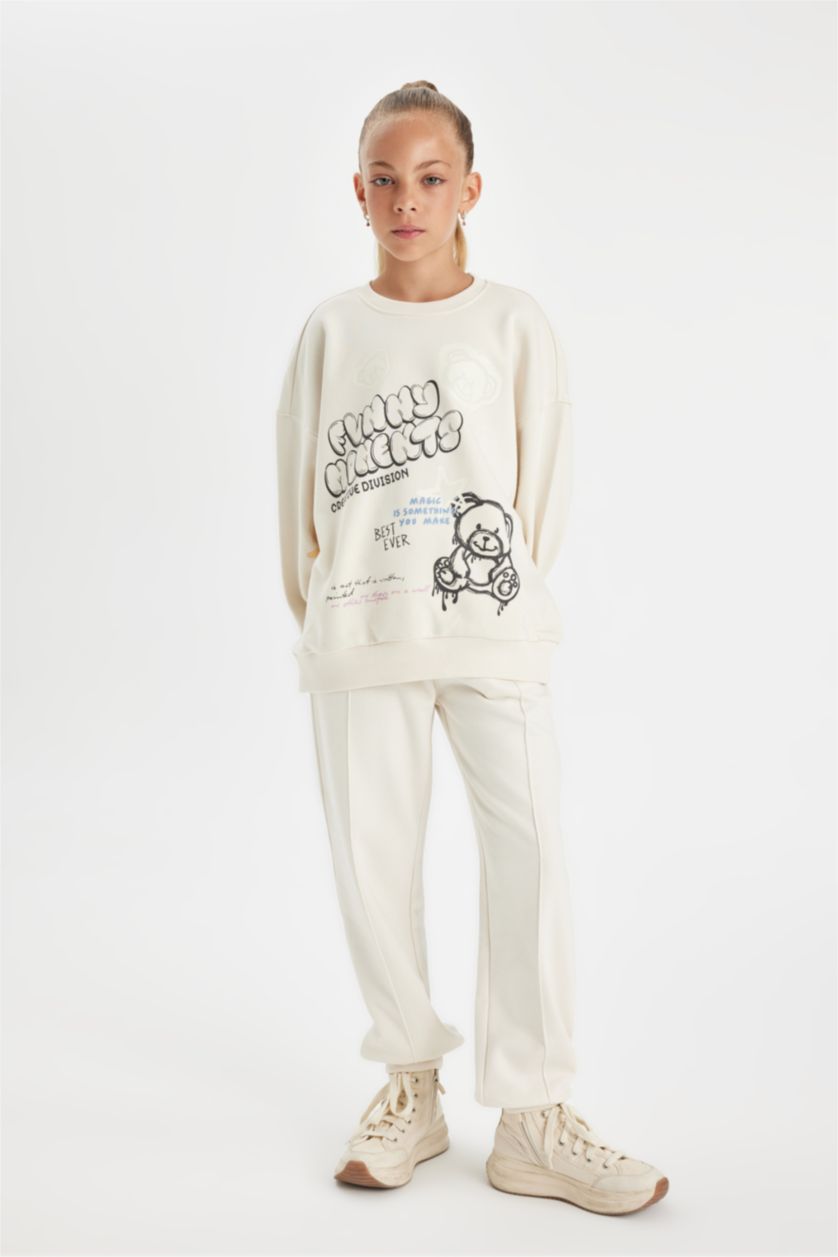 Kız Çocuk - Genç Kız Ekru Oversize Geniş Kalıp Bisiklet Yaka Ayıcık Baskılı Sweatshirt Kız Çocuk