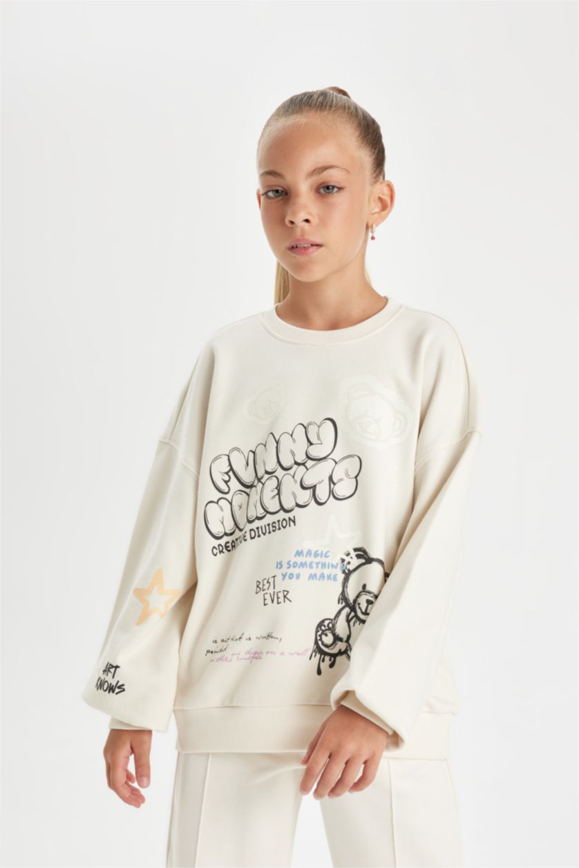 Kız Çocuk - Genç Kız Ekru Oversize Geniş Kalıp Bisiklet Yaka Ayıcık Baskılı Sweatshirt Kız Çocuk