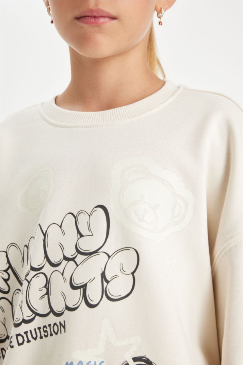 Kız Çocuk - Genç Kız Ekru Oversize Geniş Kalıp Bisiklet Yaka Ayıcık Baskılı Sweatshirt Kız Çocuk