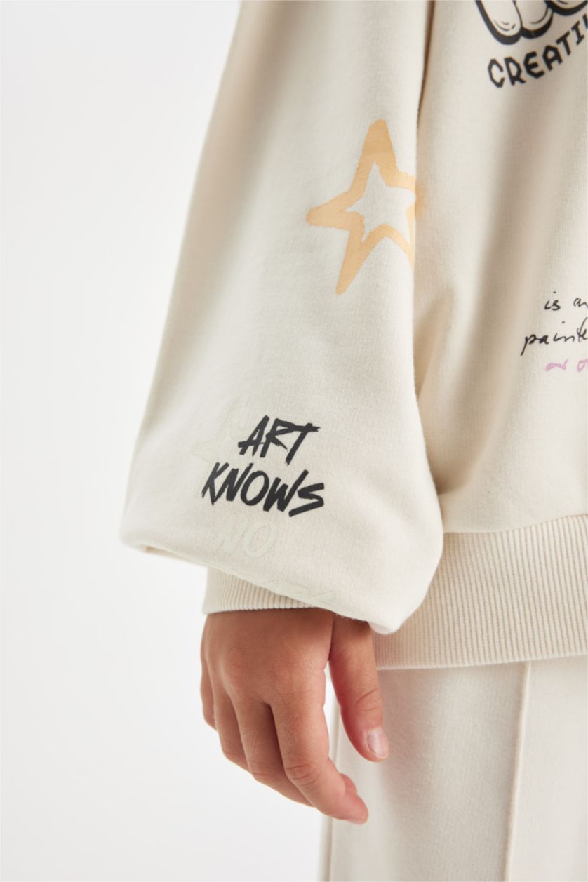 Kız Çocuk - Genç Kız Ekru Oversize Geniş Kalıp Bisiklet Yaka Ayıcık Baskılı Sweatshirt Kız Çocuk