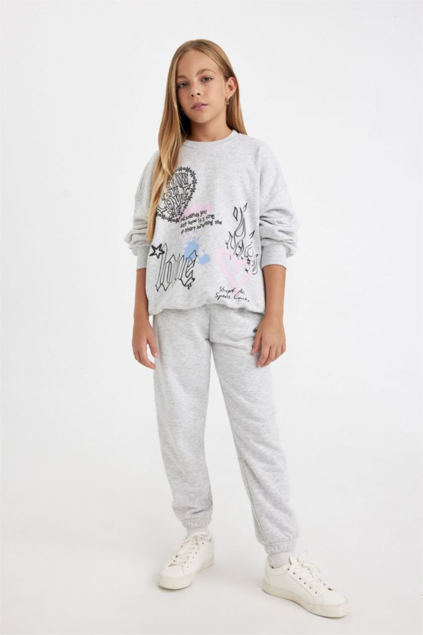 بناتي ميلانج رمادي Girl Oversize Printed Sweatshirt