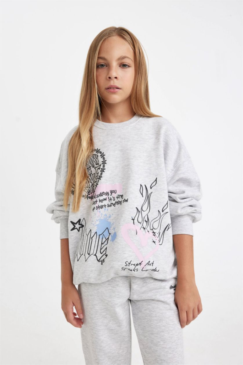 بناتي ميلانج رمادي Girl Oversize Printed Sweatshirt