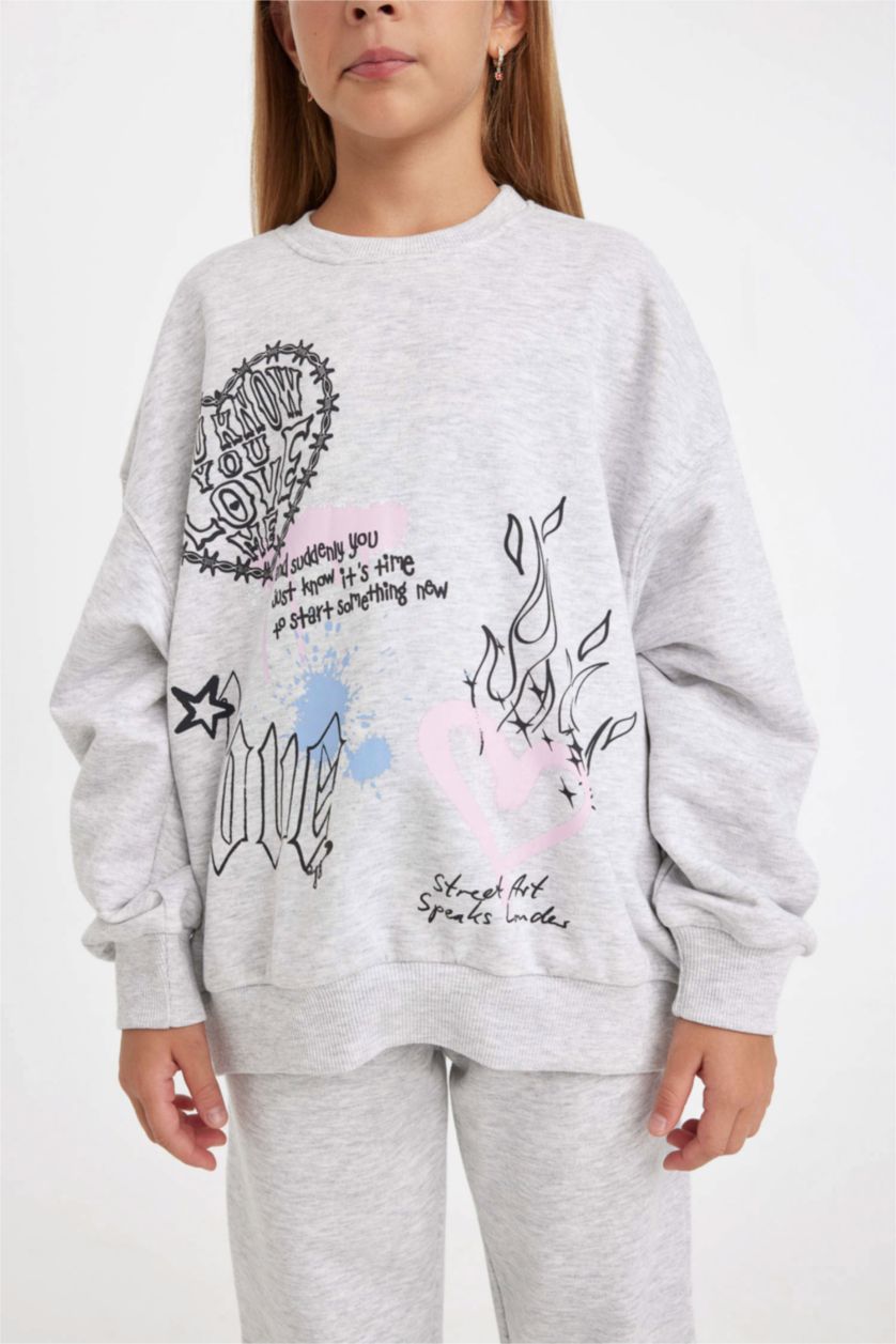 بناتي ميلانج رمادي Girl Oversize Printed Sweatshirt