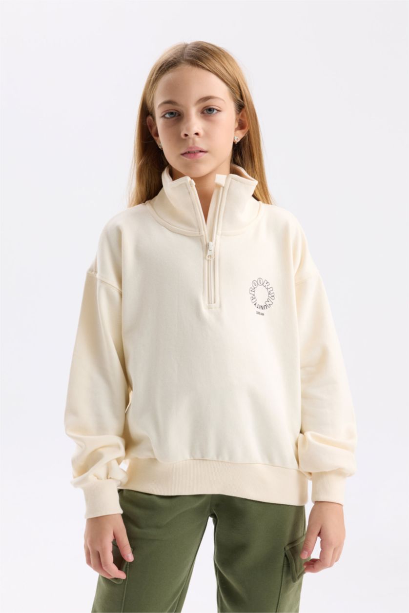 GIRLS & TEENS Ecru Girl Relax Fit Stand Collar Half Zip-Up Printed Sweatshirt
