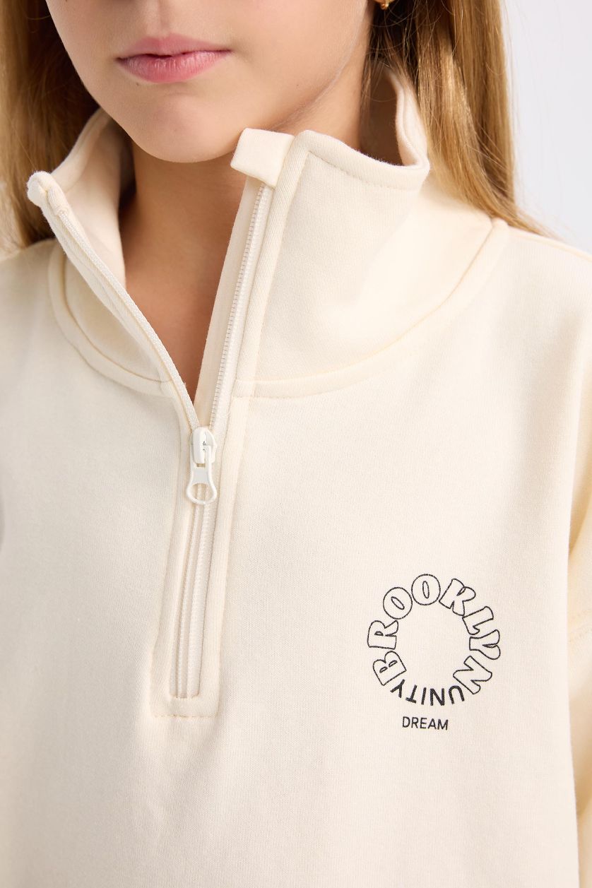 GIRLS & TEENS Ecru Girl Relax Fit Stand Collar Half Zip-Up Printed Sweatshirt