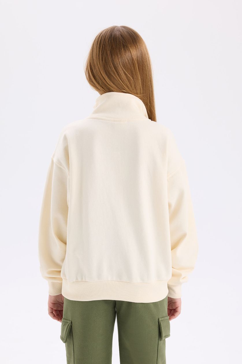 GIRLS & TEENS Ecru Girl Relax Fit Stand Collar Half Zip-Up Printed Sweatshirt