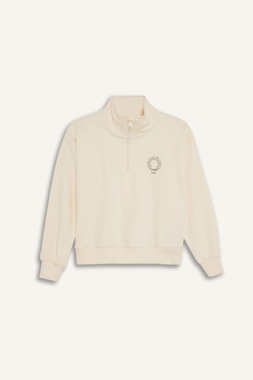 GIRLS & TEENS Ecru Girl Relax Fit Stand Collar Half Zip-Up Printed Sweatshirt