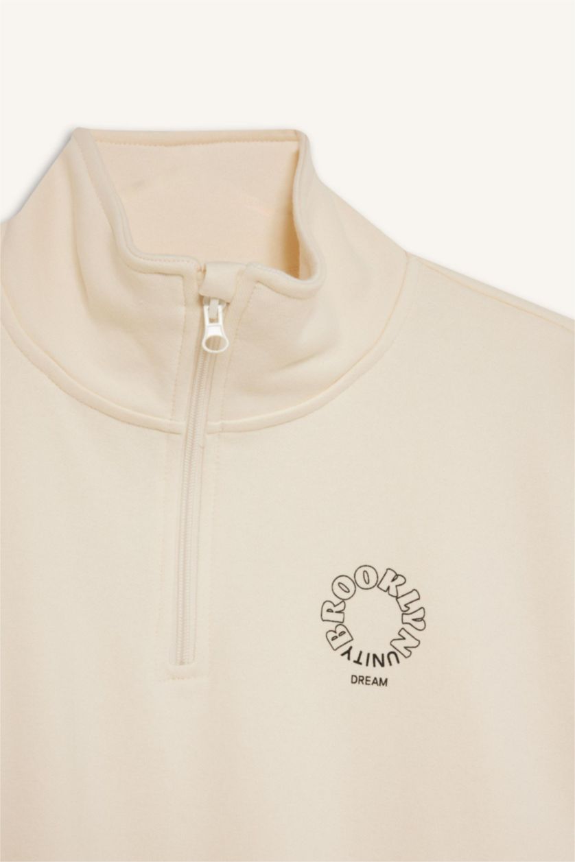 GIRLS & TEENS Ecru Girl Relax Fit Stand Collar Half Zip-Up Printed Sweatshirt