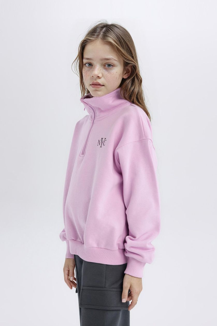 Kız Çocuk - Genç Kız Lila Relax Fit Yarım Fermuarlı Baskılı Sweatshirt Kız Çocuk