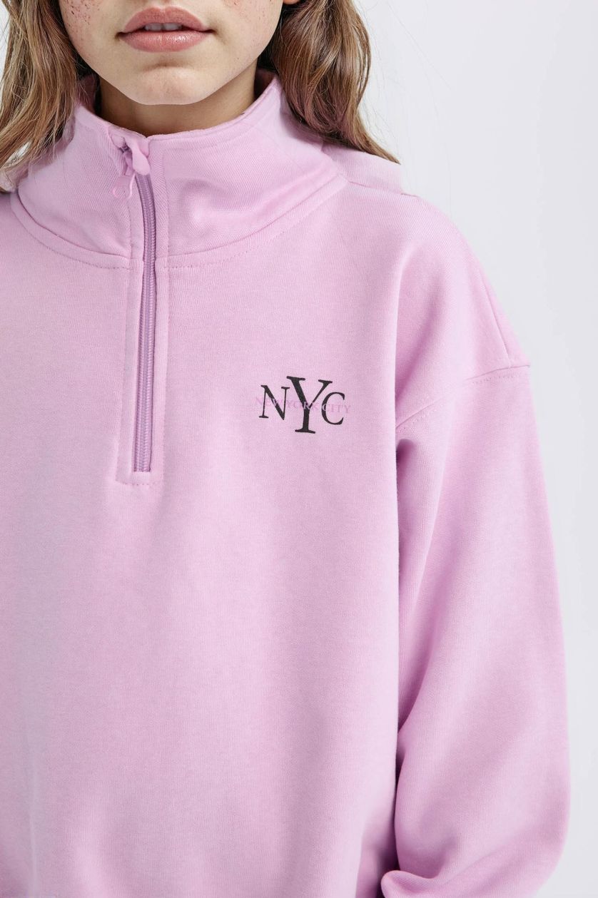 Kız Çocuk - Genç Kız Lila Relax Fit Yarım Fermuarlı Baskılı Sweatshirt Kız Çocuk