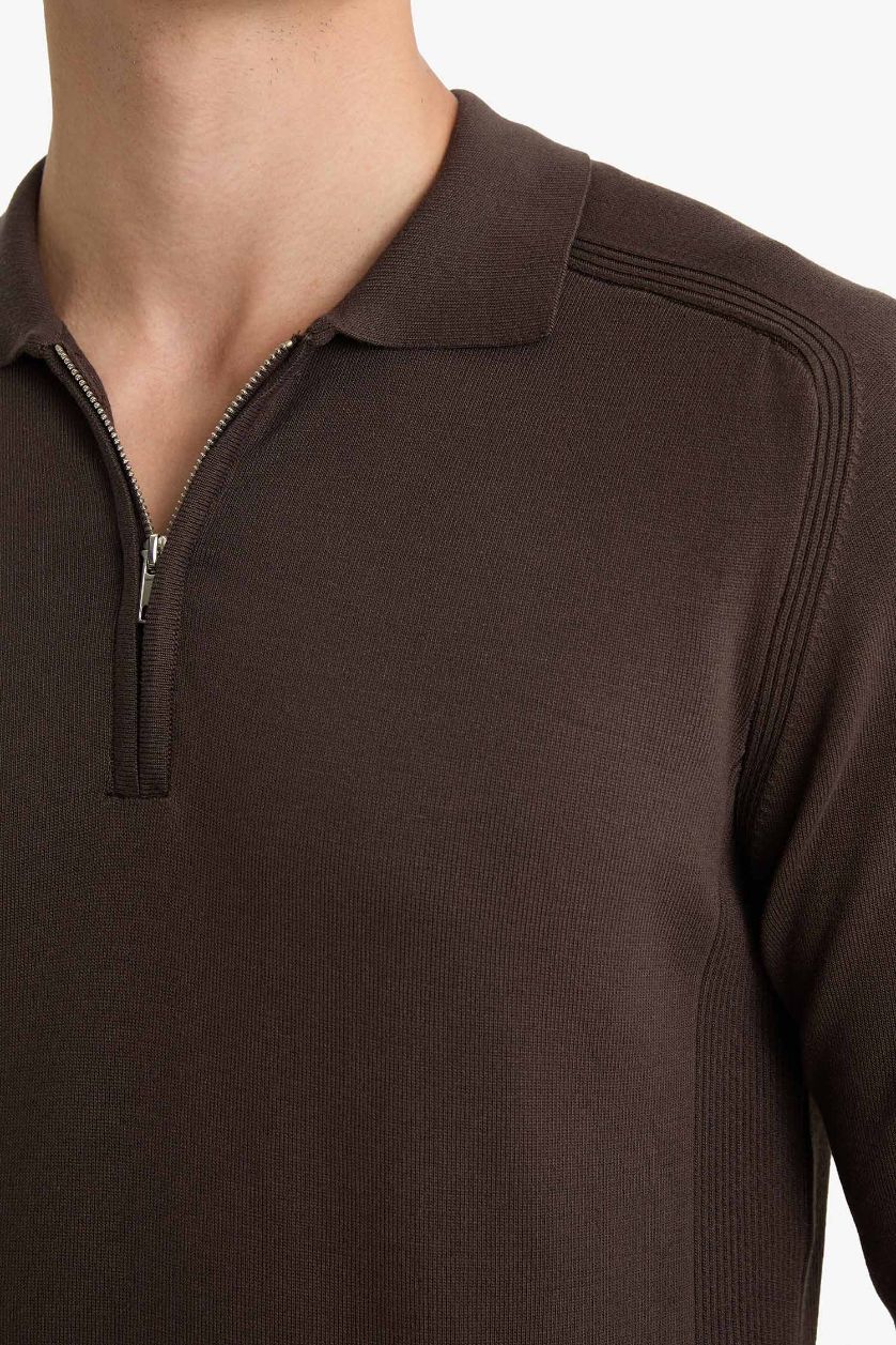 Erkek Kahve Standart Fit Polo Yaka Yarım Fermuarlı Premium Triko Kazak