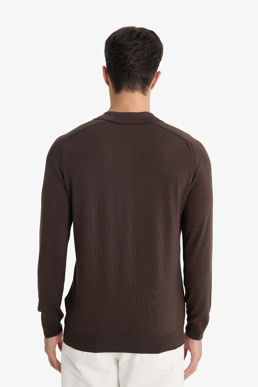 Erkek Kahve Standart Fit Polo Yaka Yarım Fermuarlı Premium Triko Kazak
