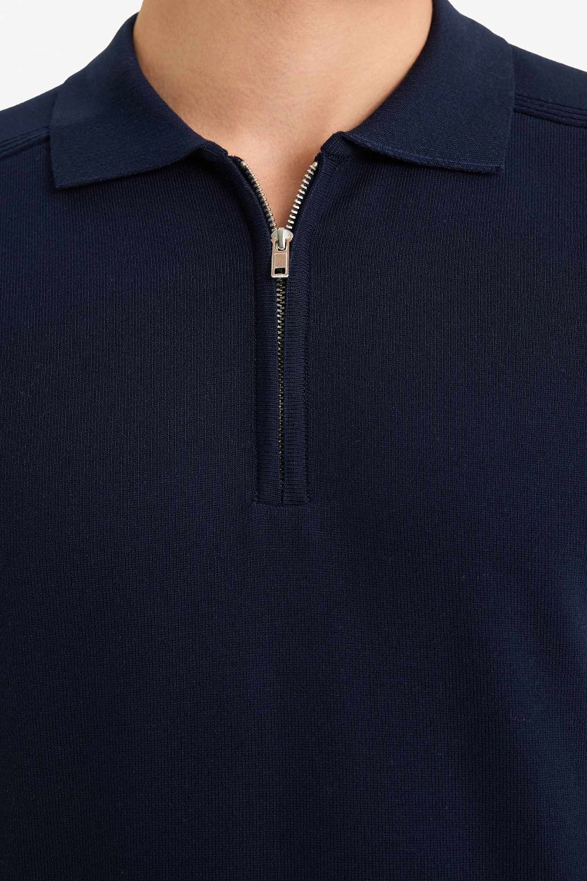 Erkek Lacivert Standart Fit Polo Yaka Yarım Fermuarlı Premium Triko Kazak