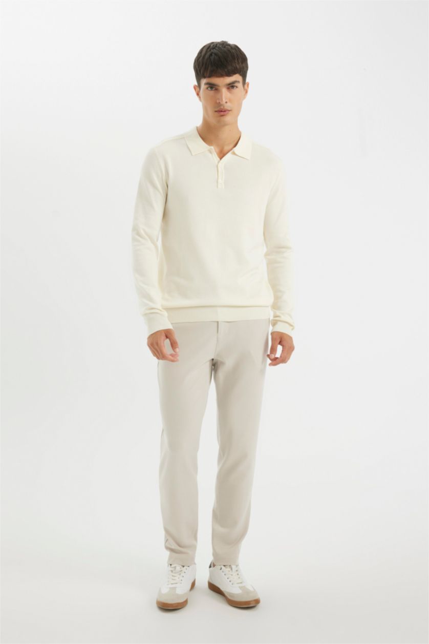 Erkek Ekru Standart Fıt Triko Kazak