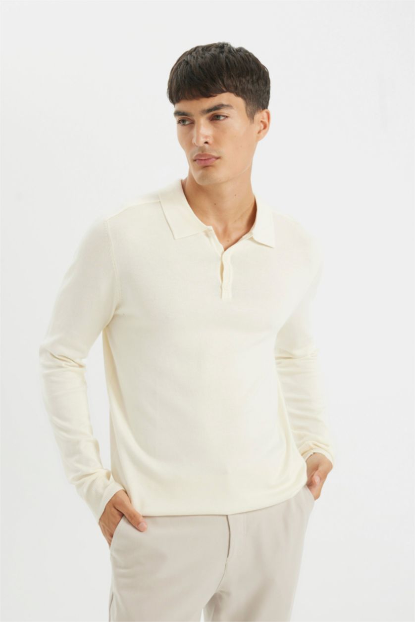 Erkek Ekru Standart Fıt Triko Kazak