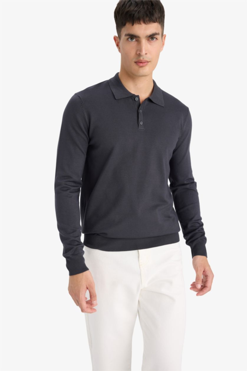 HOMME Anthracite Pull en tricot à col polo Coupe standard