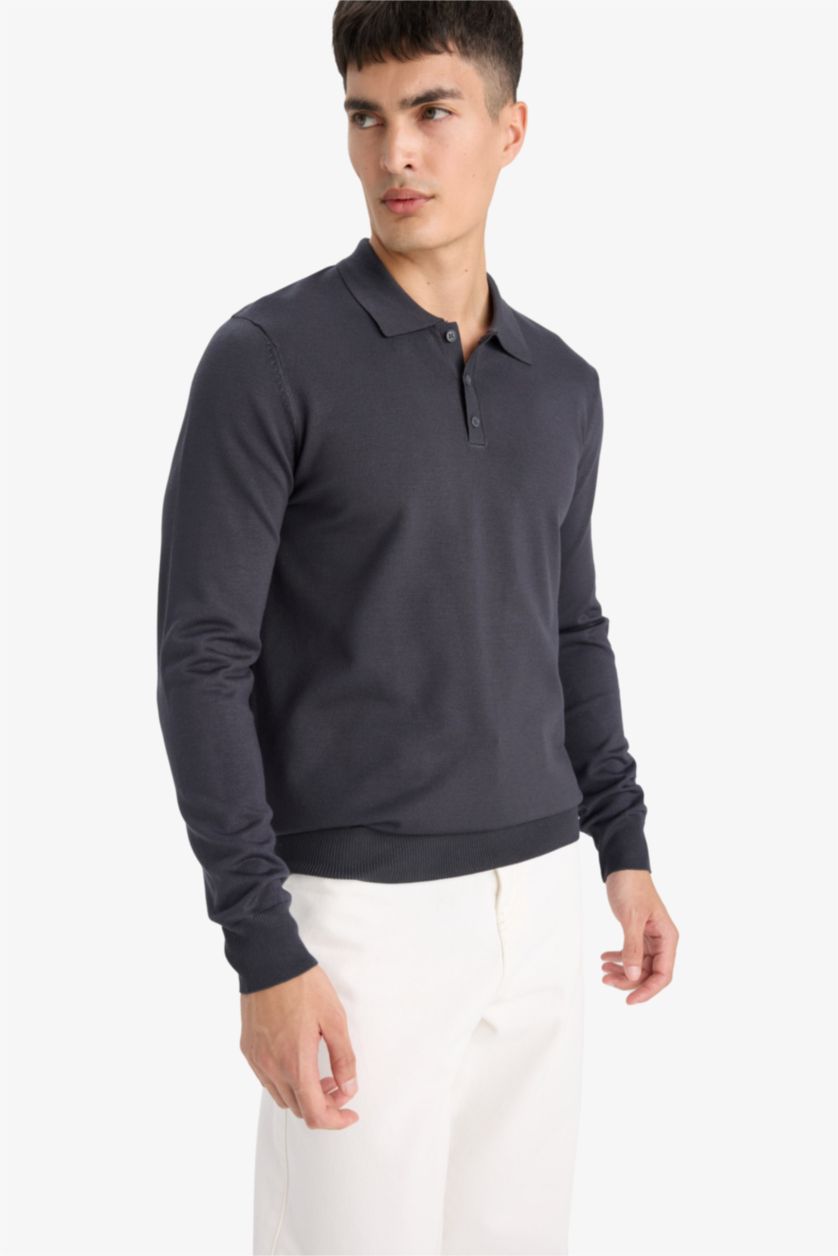 HOMME Anthracite Pull en tricot à col polo Coupe standard