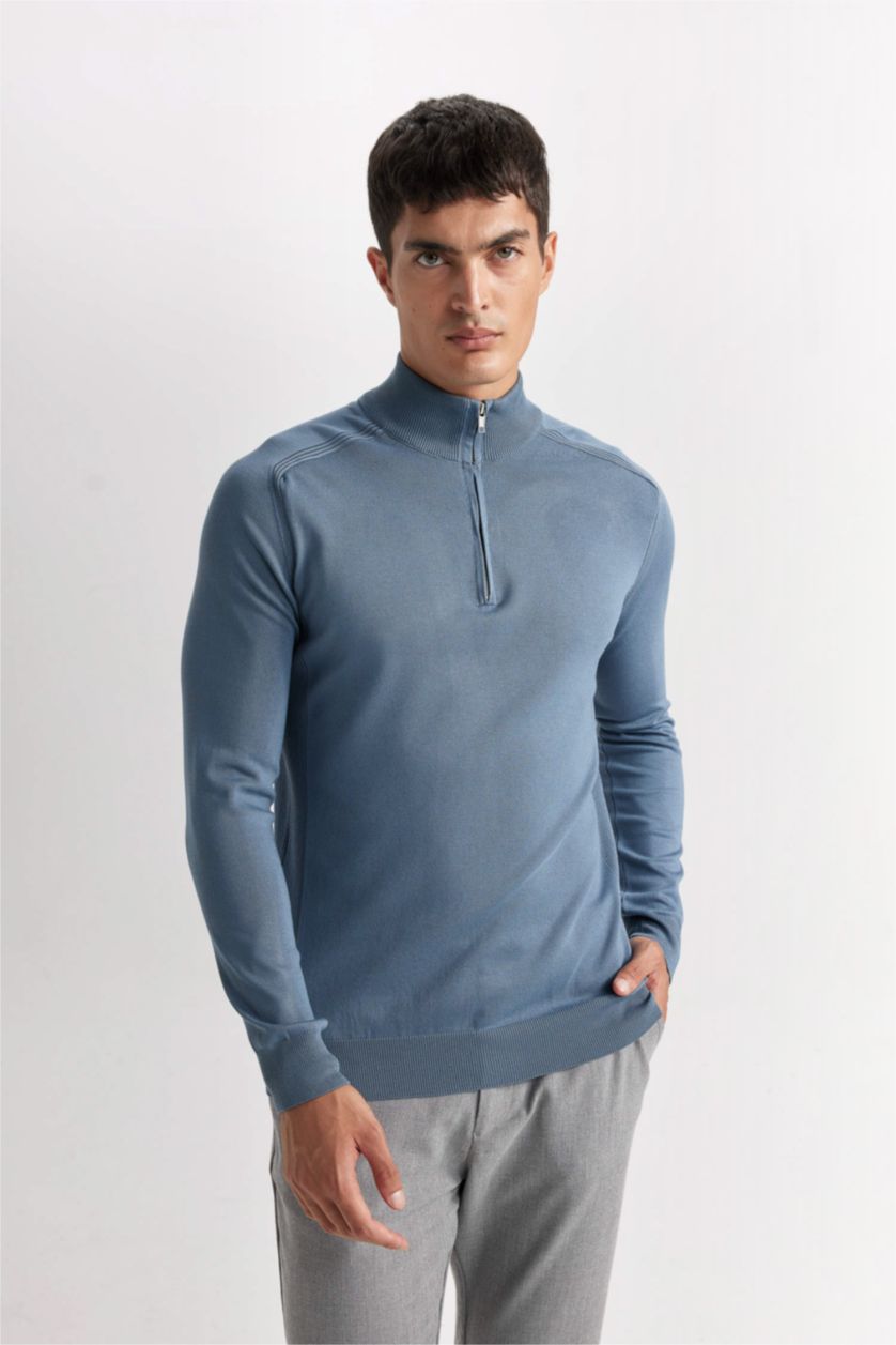 HOMME Bleu Pull en tricot à Coupe standard et demi col roulé zippé