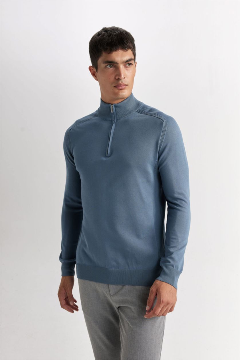 HOMME Bleu Pull en tricot à Coupe standard et demi col roulé zippé