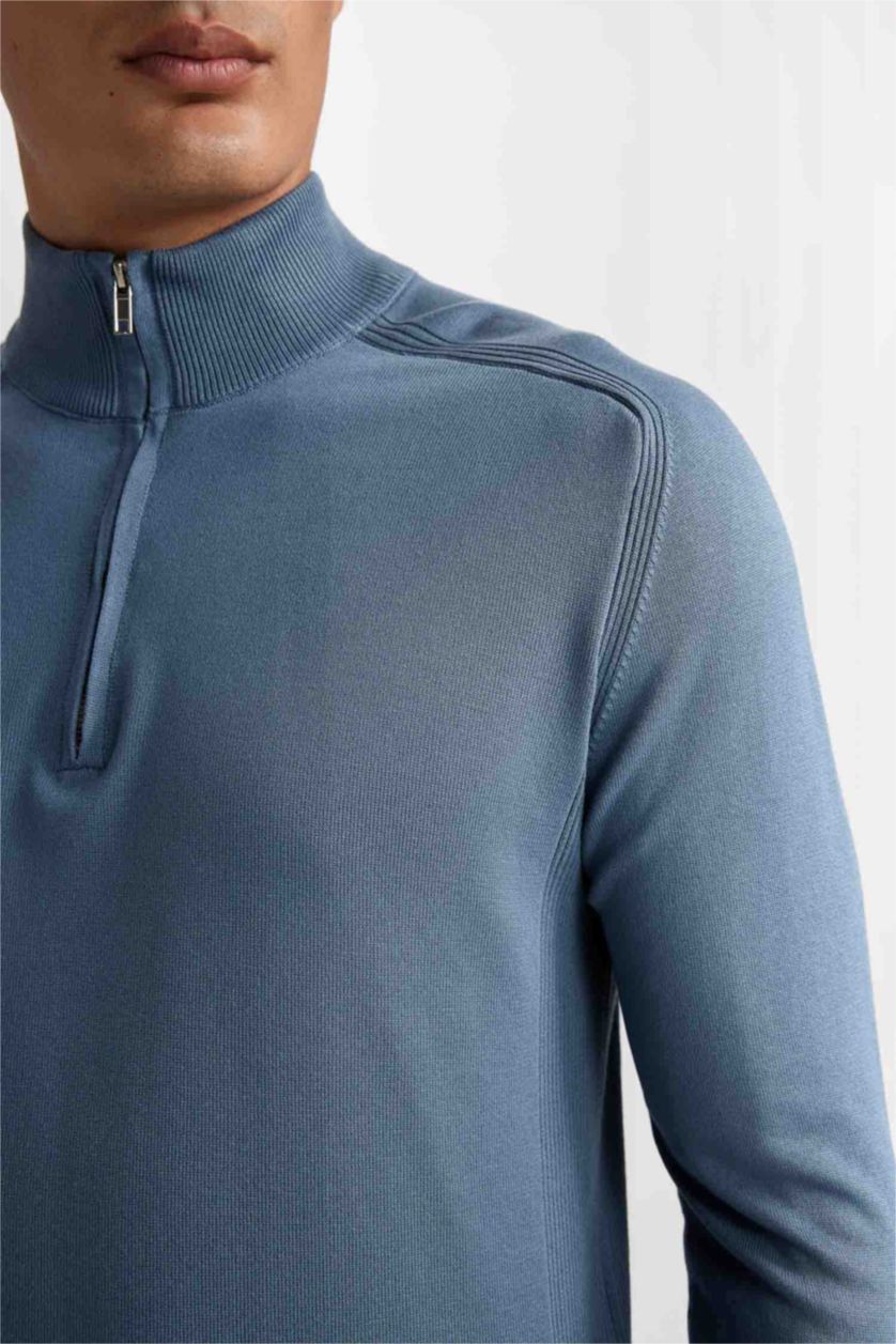 HOMME Bleu Pull en tricot à Coupe standard et demi col roulé zippé
