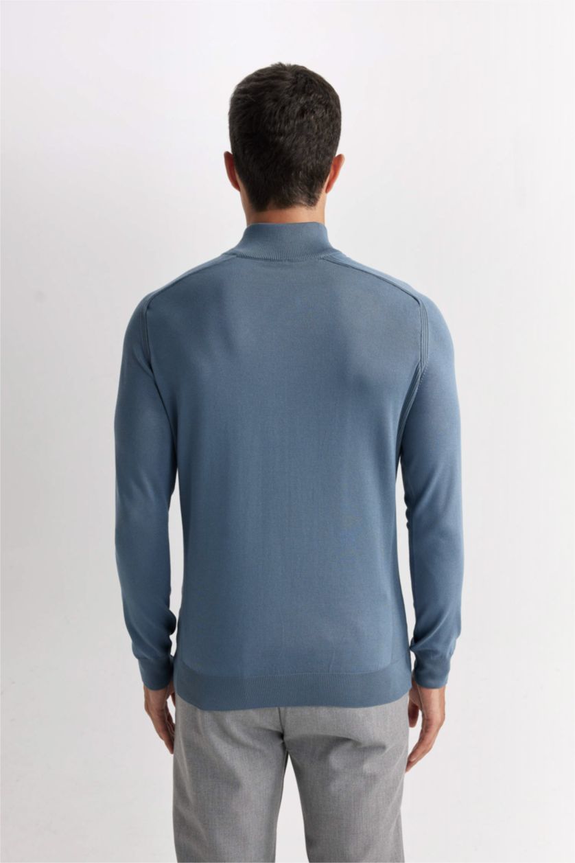 HOMME Bleu Pull en tricot à Coupe standard et demi col roulé zippé