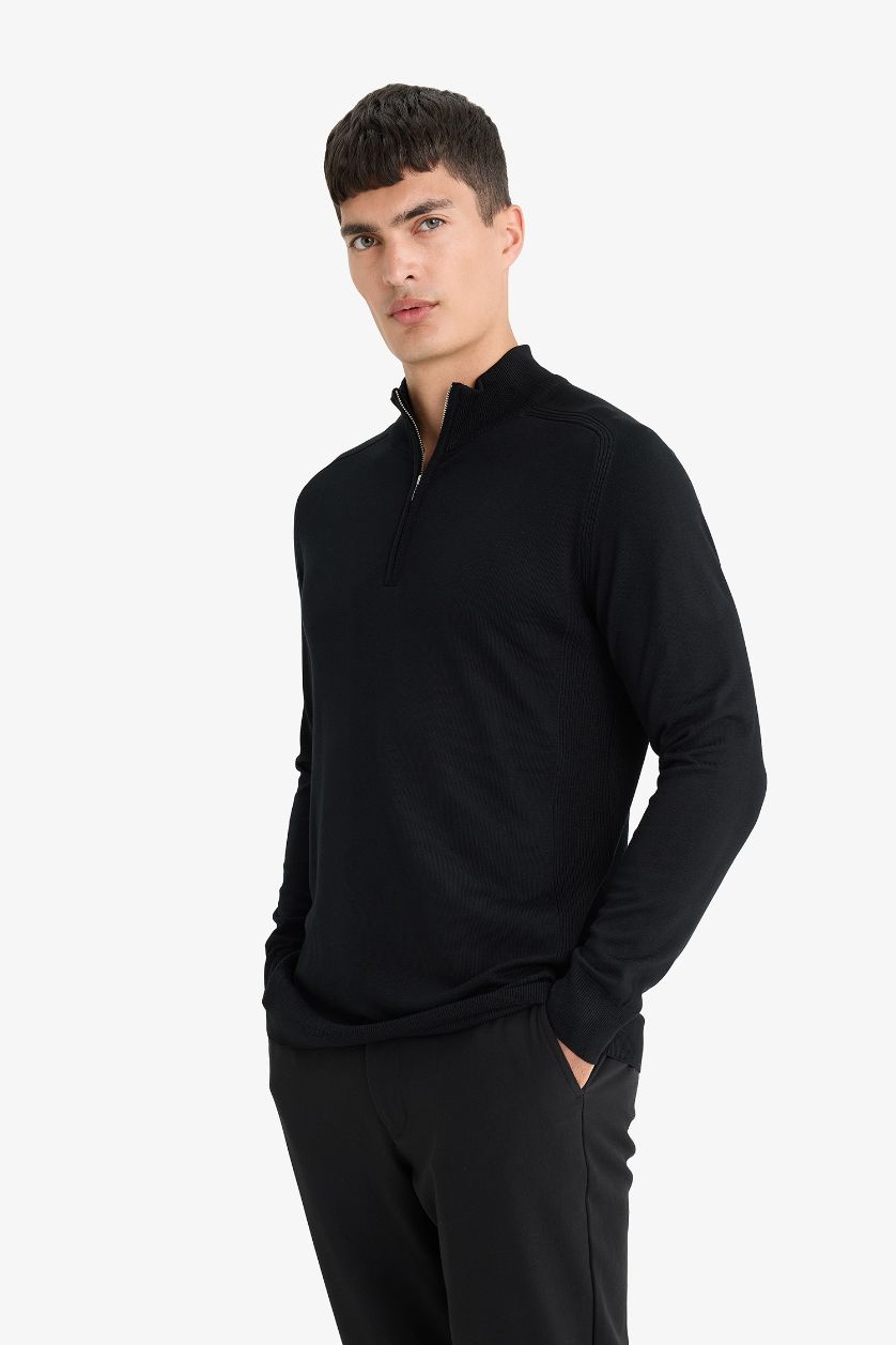 رجالي أسود بلوفر تريكو قصة عادية بياقة نص سوسته