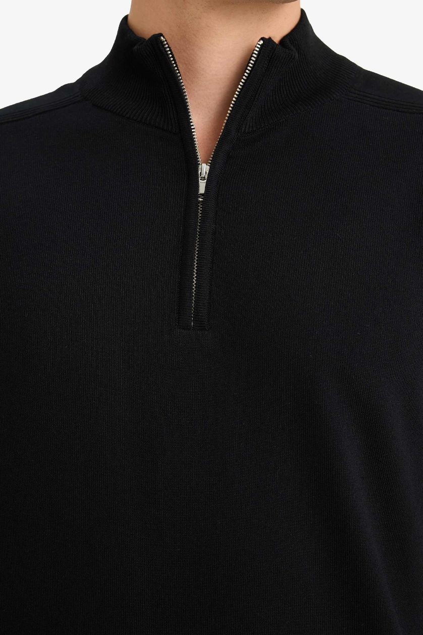 رجالي أسود بلوفر تريكو قصة عادية بياقة نص سوسته