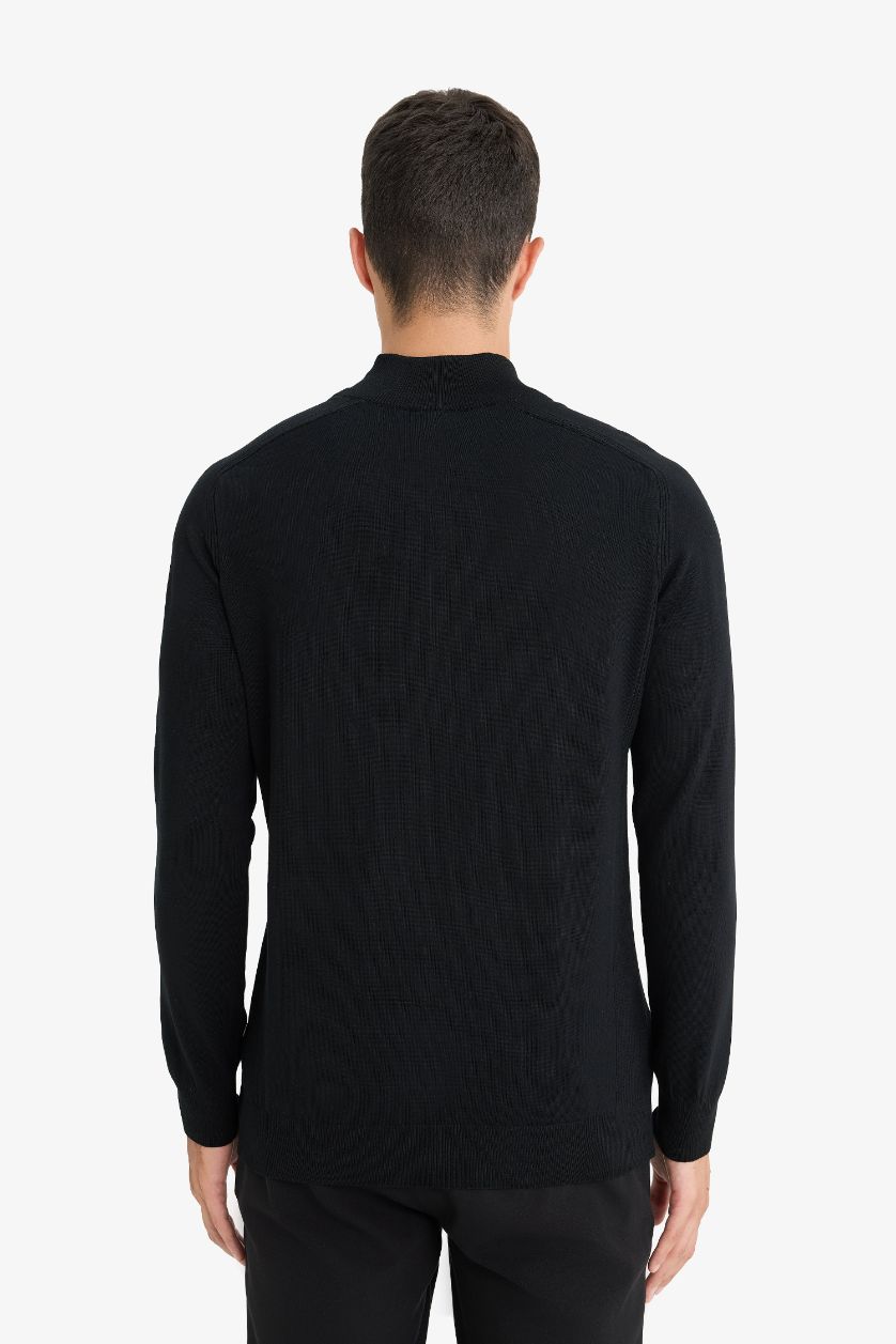 رجالي أسود بلوفر تريكو قصة عادية بياقة نص سوسته