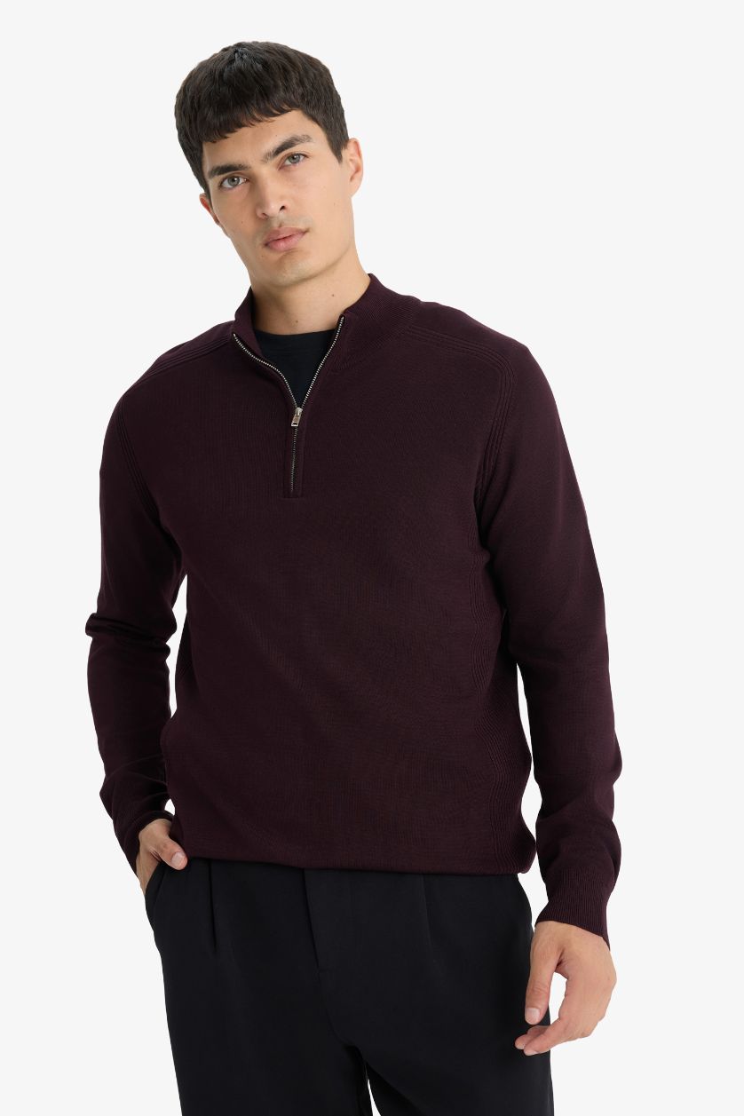 HOMME Bordeaux Pull en maille à col montant demi-zip Coupe standard