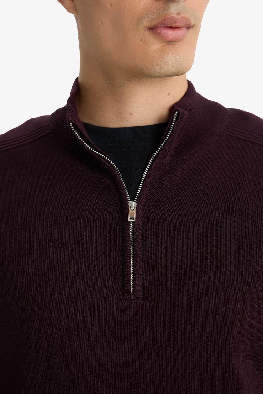 HOMME Bordeaux Pull en maille à col montant demi-zip Coupe standard