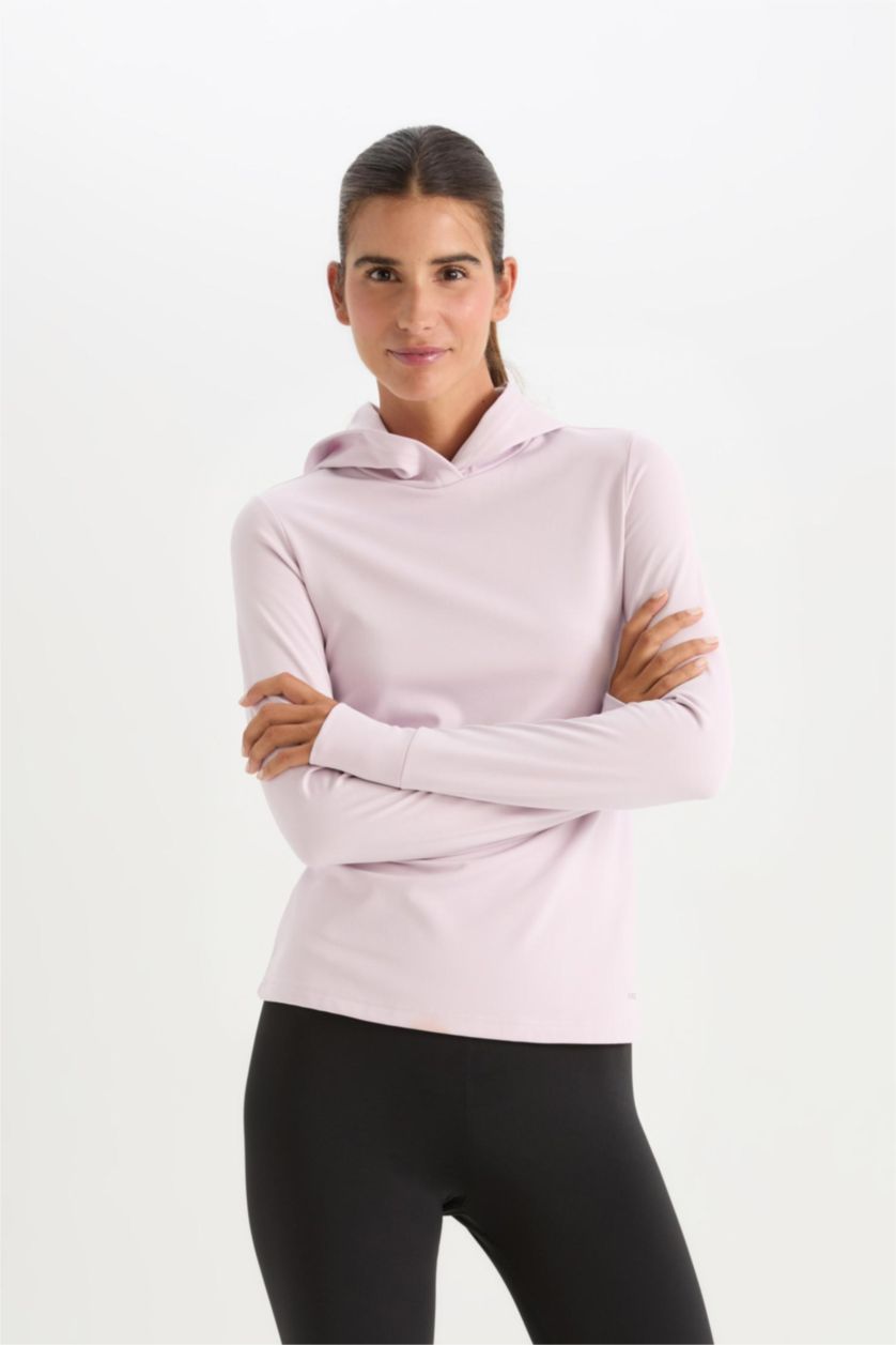 Kadın Lila Slim Fit Dar Kesim Kapüşonlu Sporcu Uzun Kollu Tişört