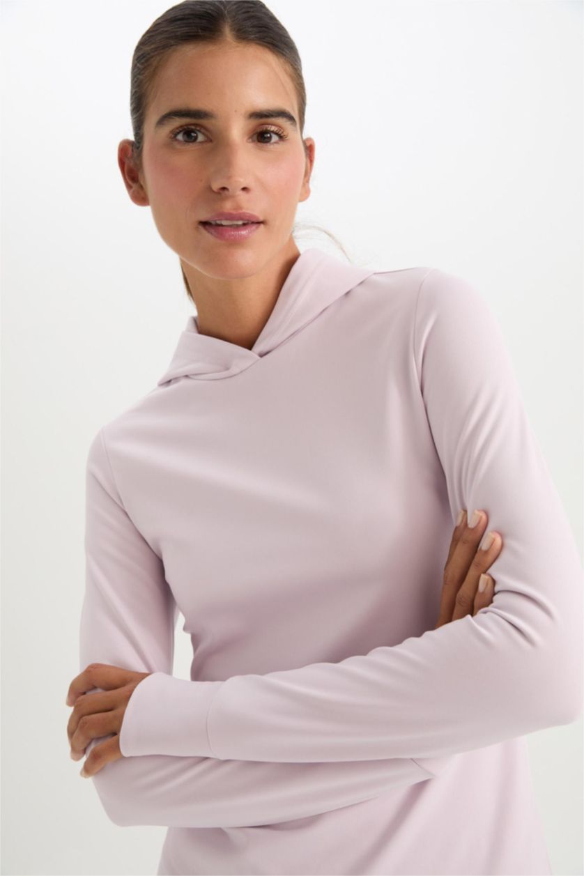 Kadın Lila Slim Fit Dar Kesim Kapüşonlu Sporcu Uzun Kollu Tişört