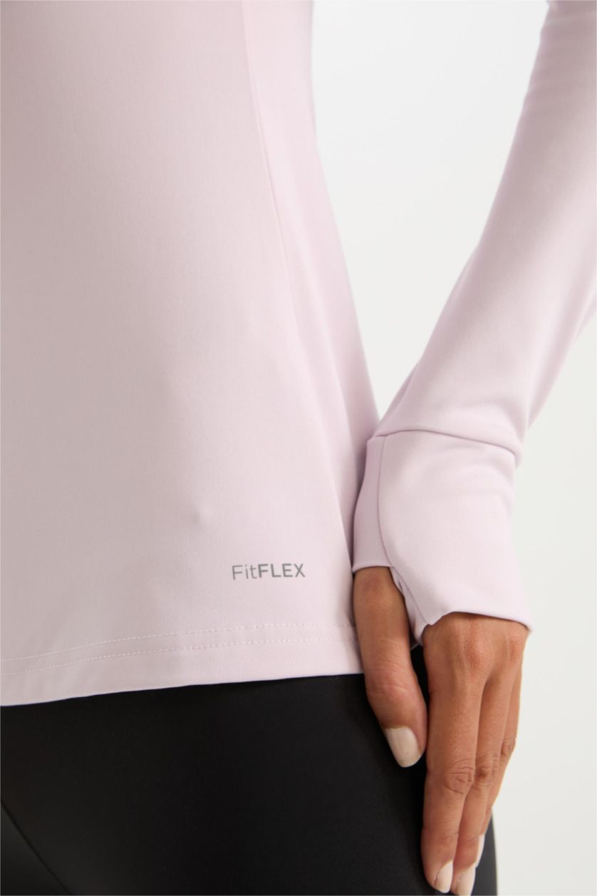 Kadın Lila Slim Fit Dar Kesim Kapüşonlu Sporcu Uzun Kollu Tişört