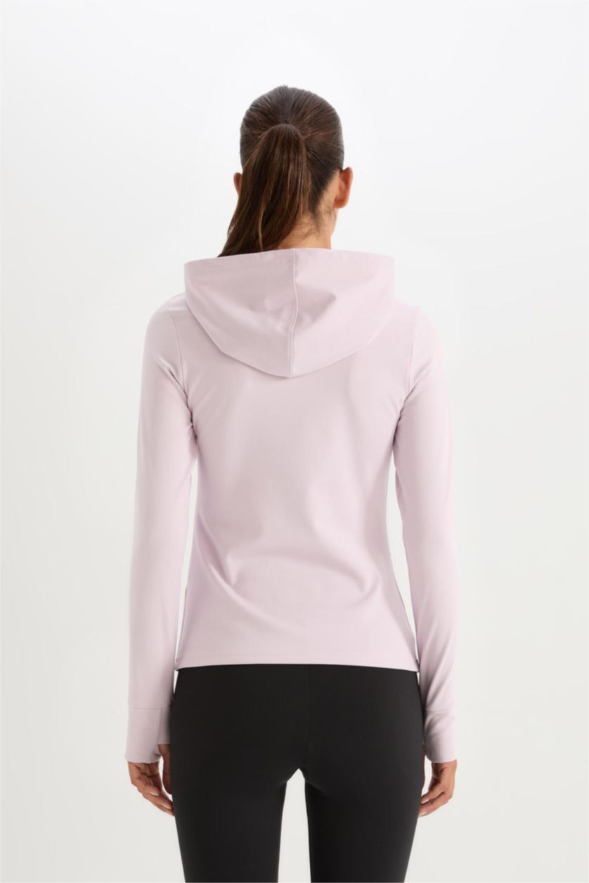 Kadın Lila Slim Fit Dar Kesim Kapüşonlu Sporcu Uzun Kollu Tişört