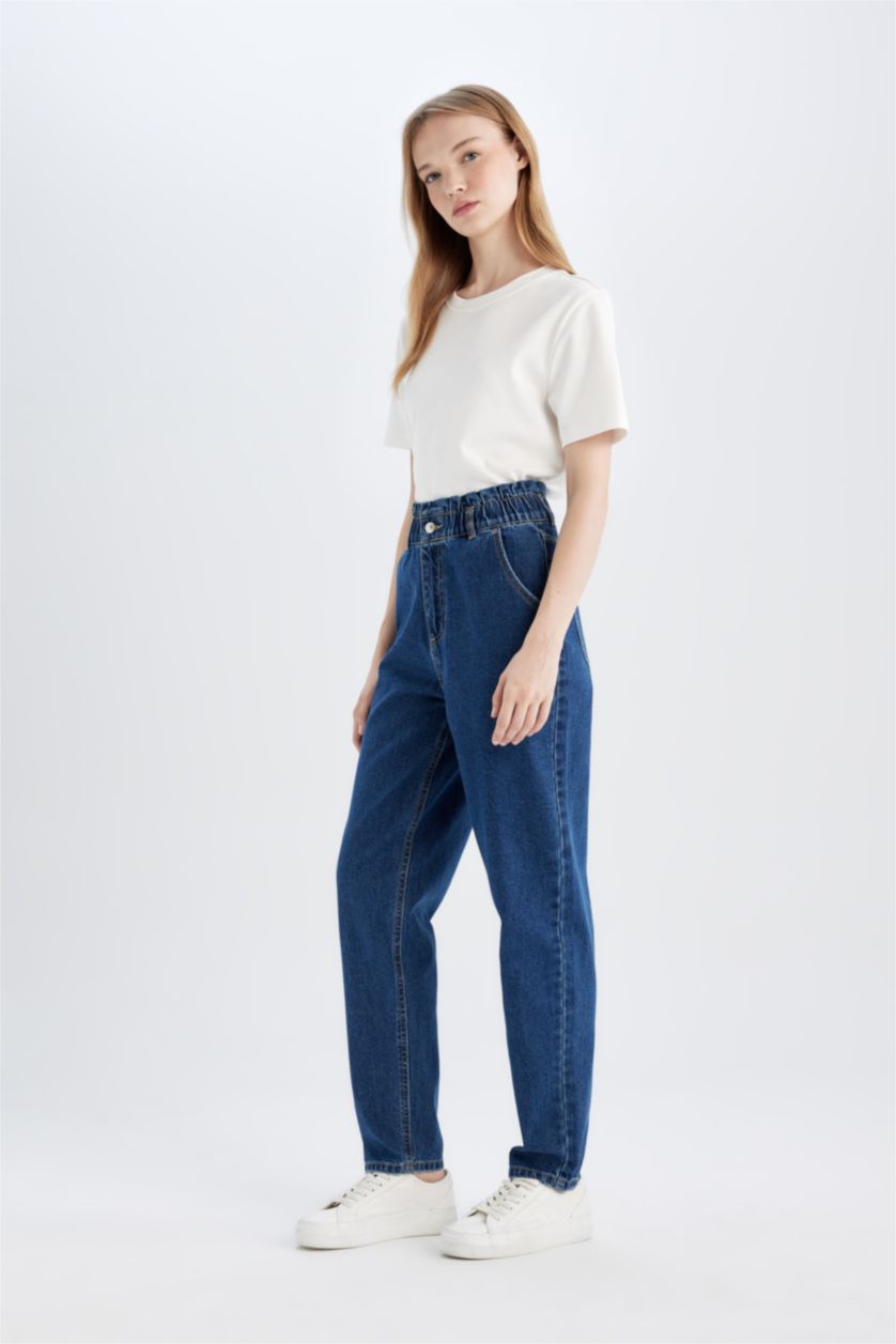 Әйелдерге қою көк папербаг деним Шалбар