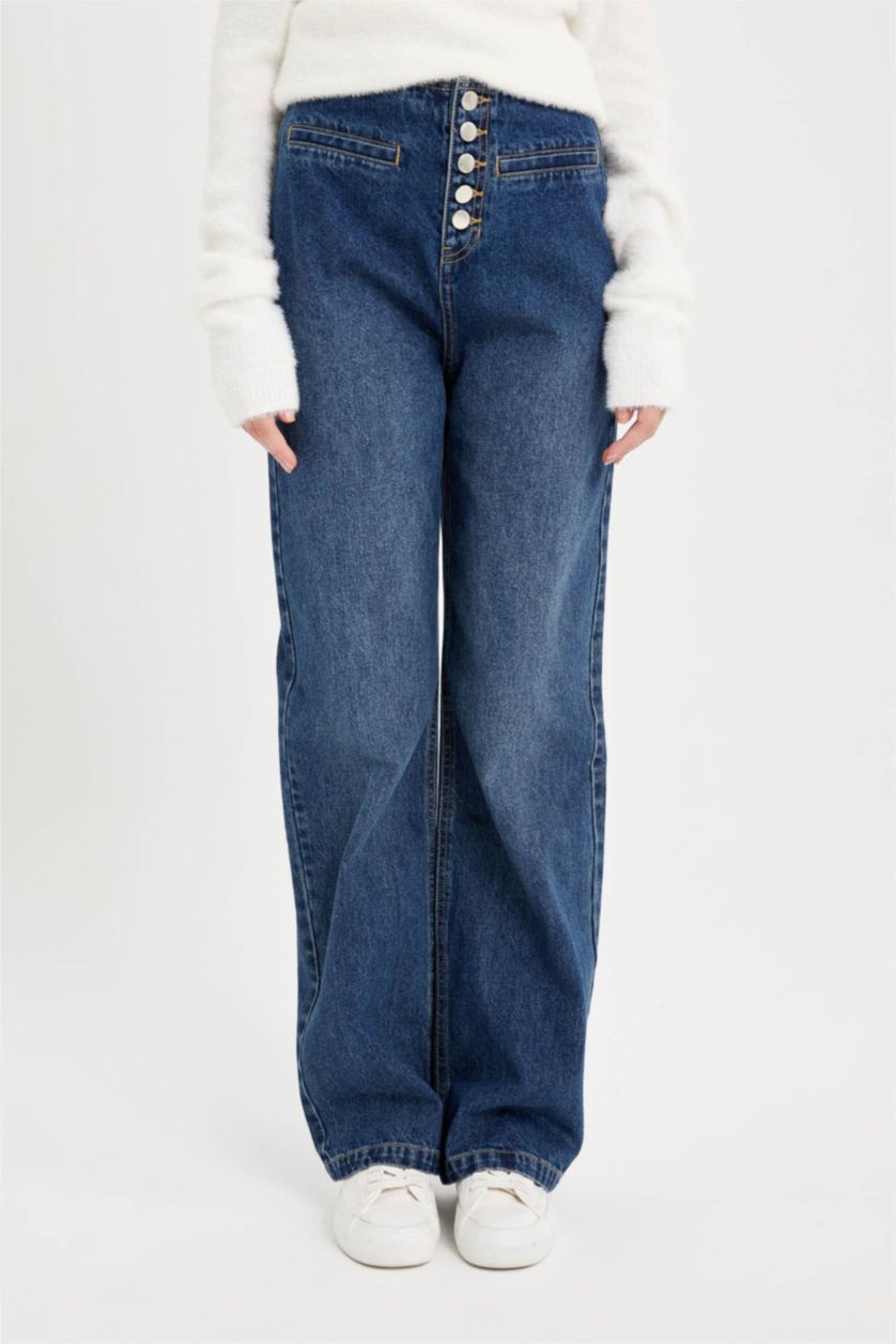 Kadın Koyu Mavi Yüksek Bel 90's Wıde Leg Pantolon