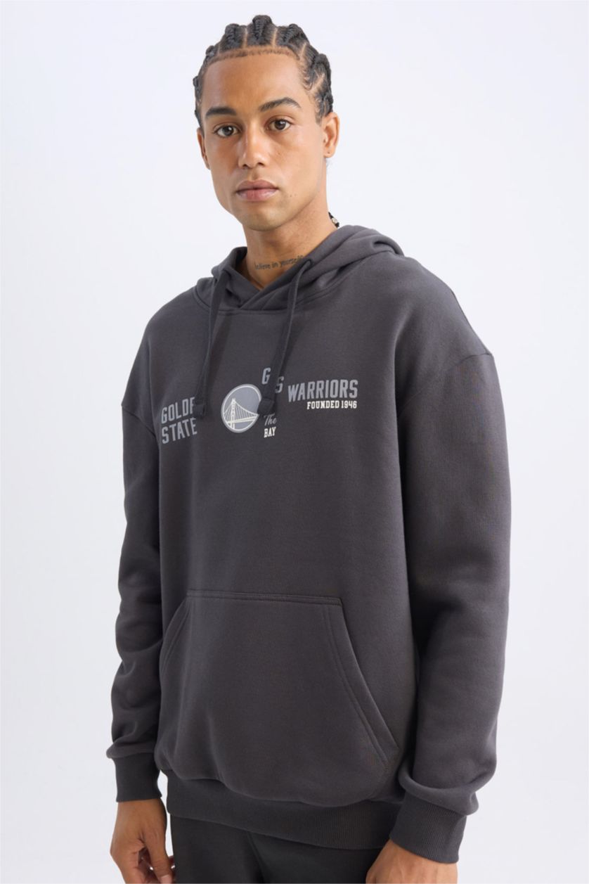 Erkek Antrasit NBA Golden State Warriors Boxy Fit Kapüşonlu Baskılı Kalın Sweatshirt