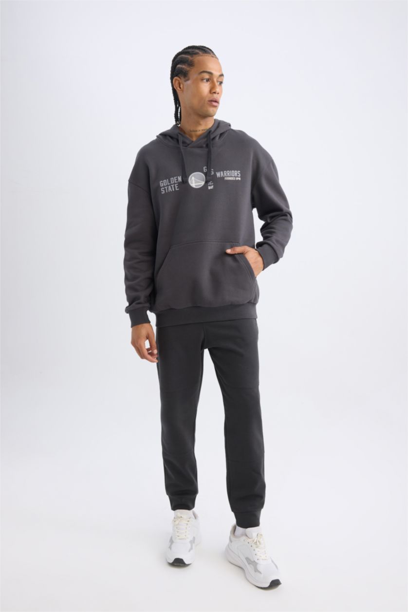 Erkek Antrasit NBA Golden State Warriors Boxy Fit Kapüşonlu Baskılı Kalın Sweatshirt