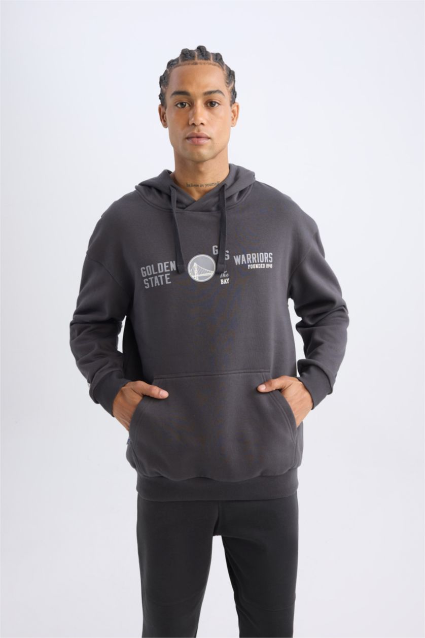 Erkek Antrasit NBA Golden State Warriors Boxy Fit Kapüşonlu Baskılı Kalın Sweatshirt