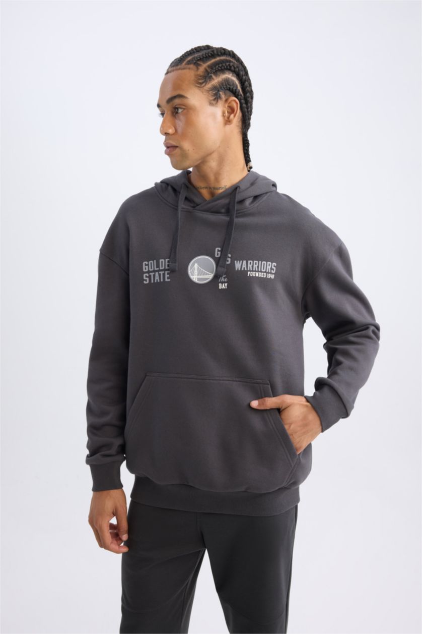 Erkek Antrasit NBA Golden State Warriors Boxy Fit Kapüşonlu Baskılı Kalın Sweatshirt