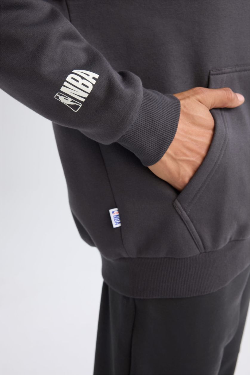 Erkek Antrasit NBA Golden State Warriors Boxy Fit Kapüşonlu Baskılı Kalın Sweatshirt