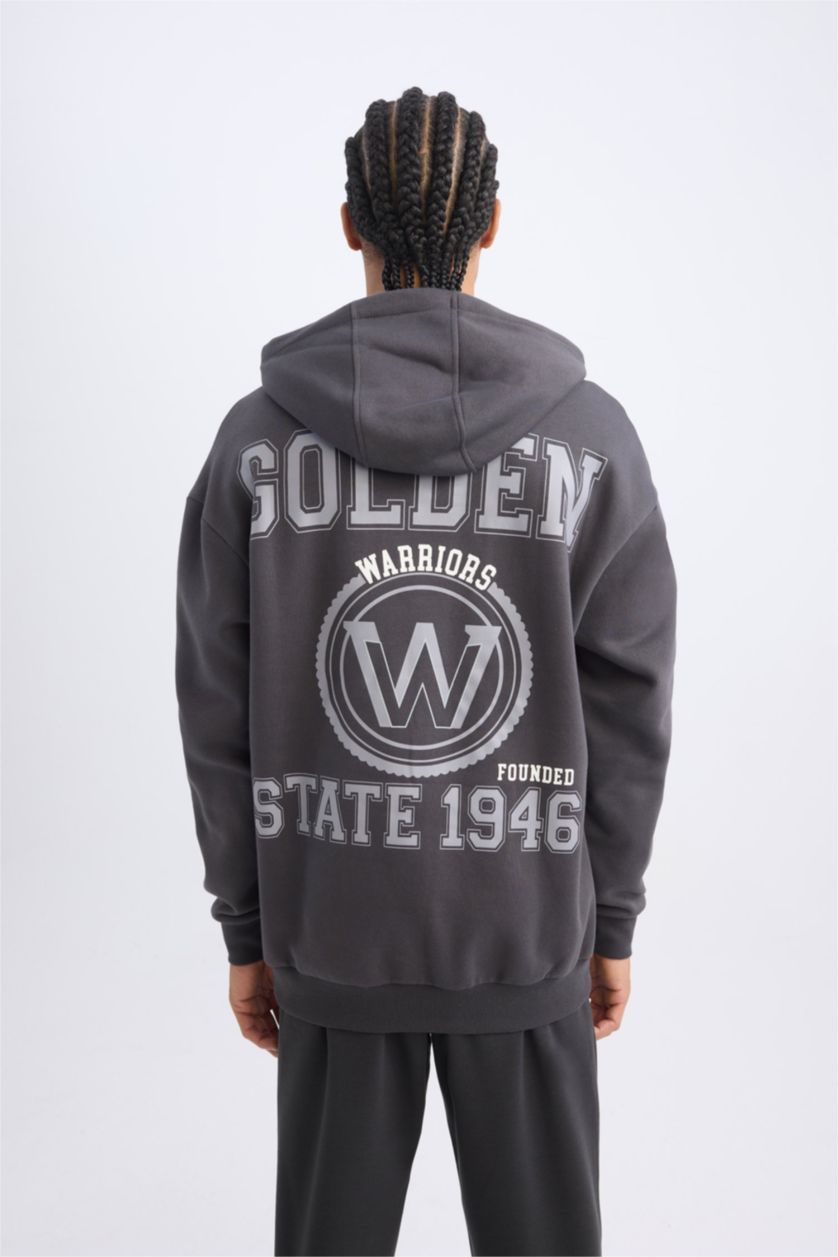 Erkek Antrasit NBA Golden State Warriors Boxy Fit Kapüşonlu Baskılı Kalın Sweatshirt