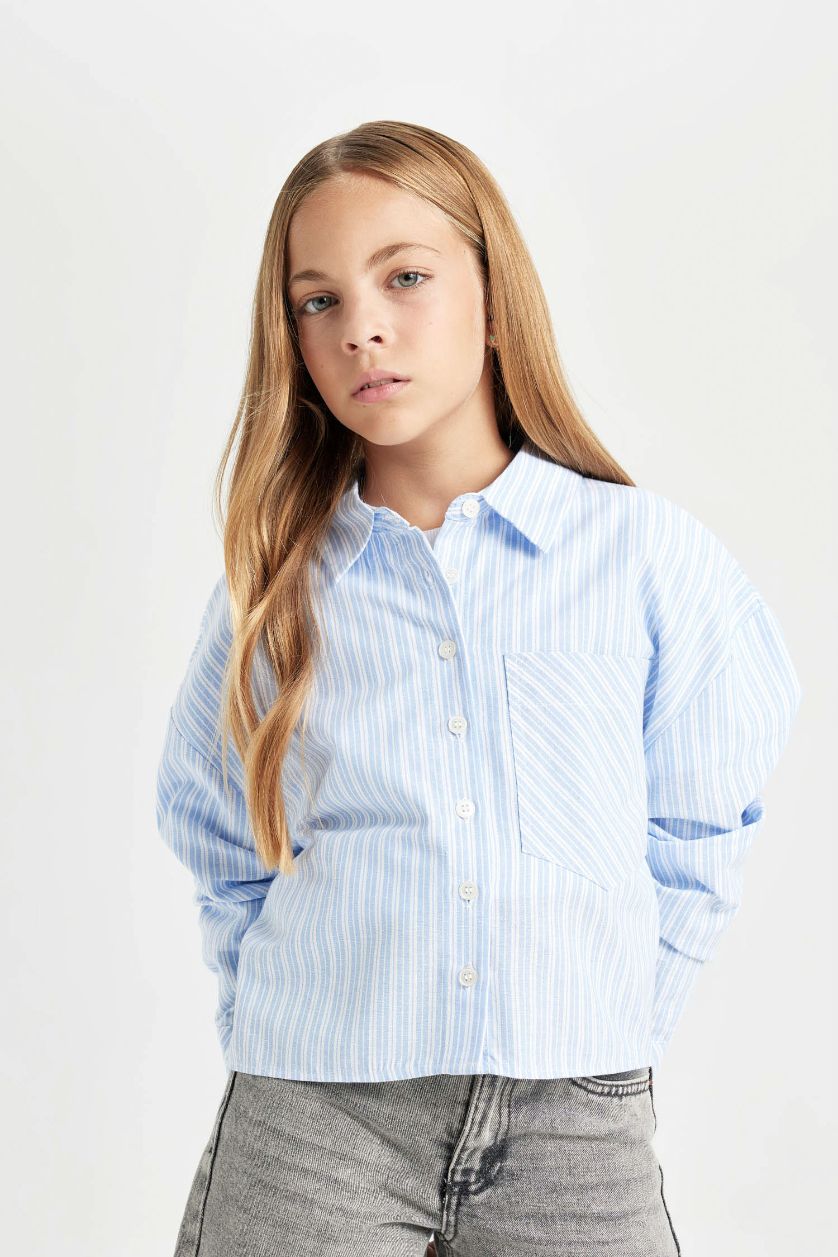 بنات أزرق فاتح قميص كروب بناتي قطن بكم طويل وجيب