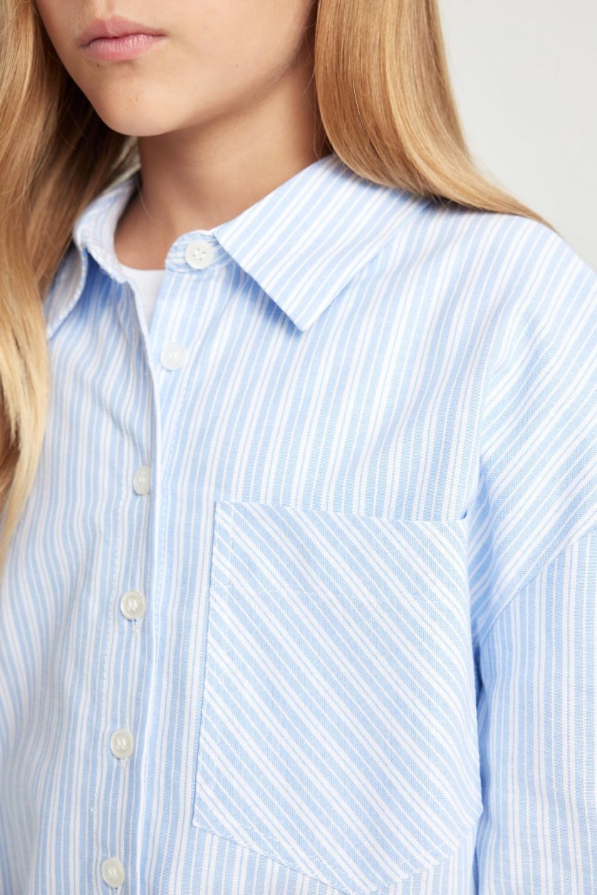 بنات أزرق فاتح قميص كروب بناتي قطن بكم طويل وجيب