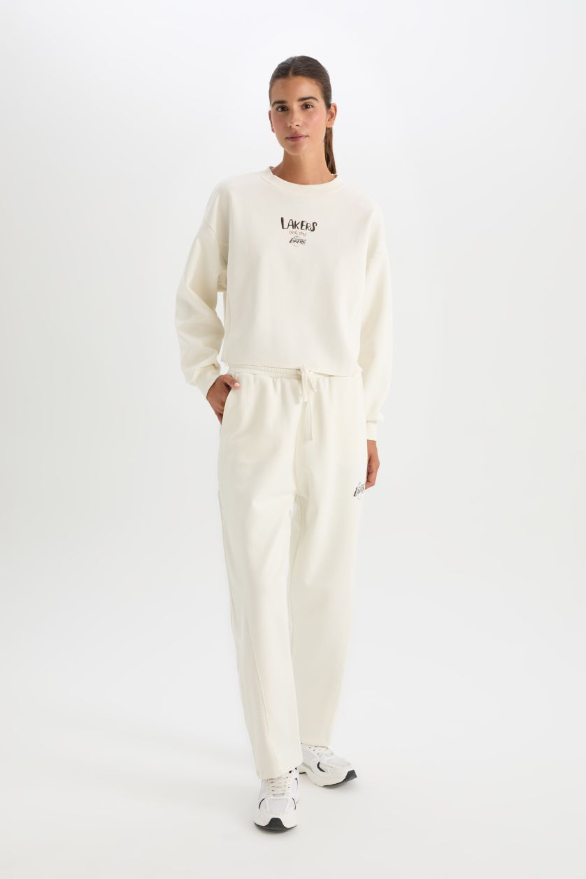 Kadın Ekru DeFactoFit NBA Los Angeles Lakers Carrot Fit  Çift Cepli  Beli Lastikli Bağcıklı Basic Düz Standart Paça Standart Boy Eşofman Altı