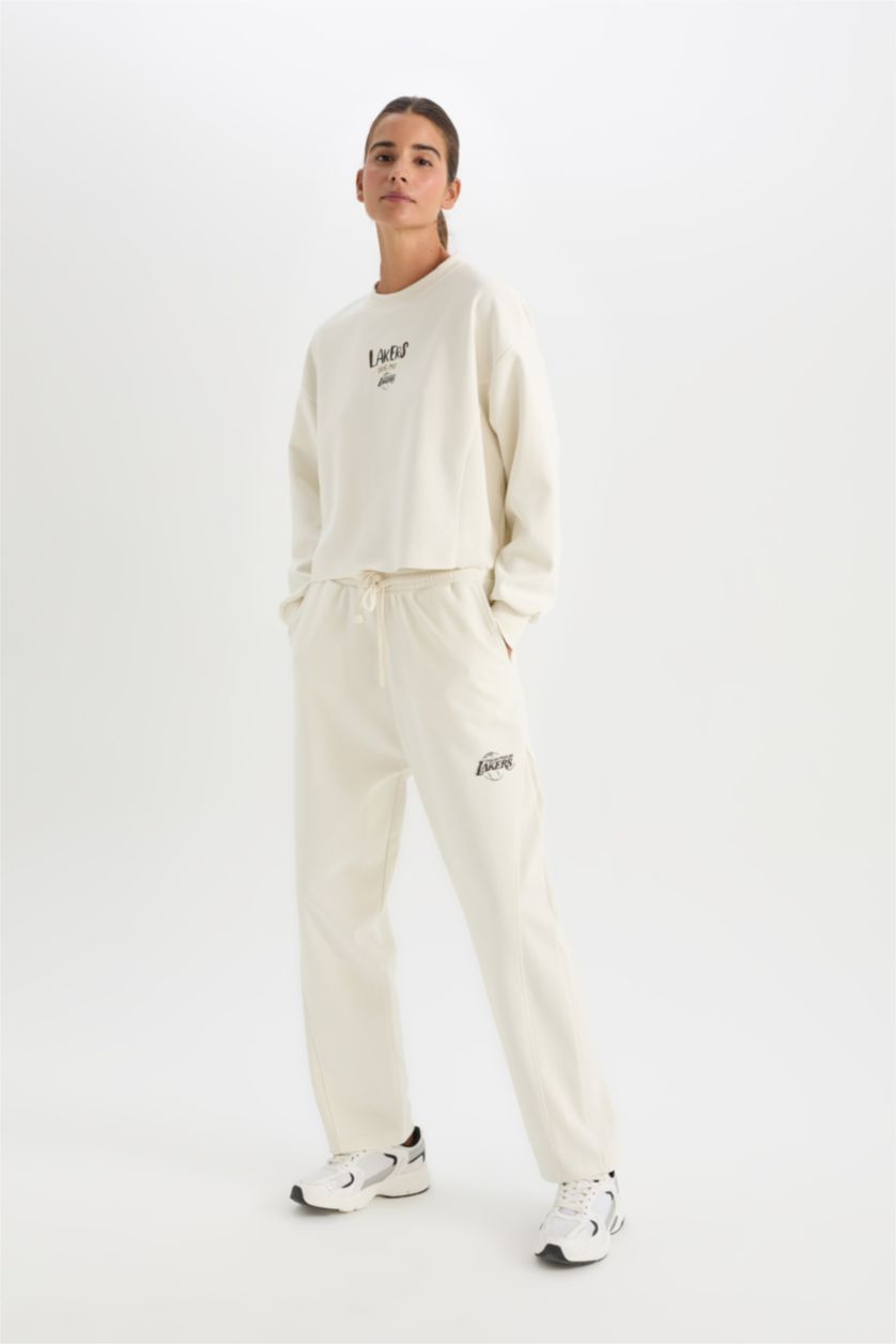 Kadın Ekru DeFactoFit NBA Los Angeles Lakers Carrot Fit  Çift Cepli  Beli Lastikli Bağcıklı Basic Düz Standart Paça Standart Boy Eşofman Altı