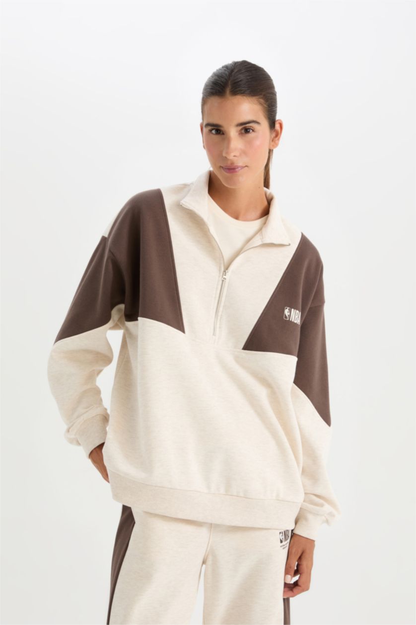 FEMME Beige Sweat-Shirt Oversize zippé NBA en tissus épais de DeFactoFit