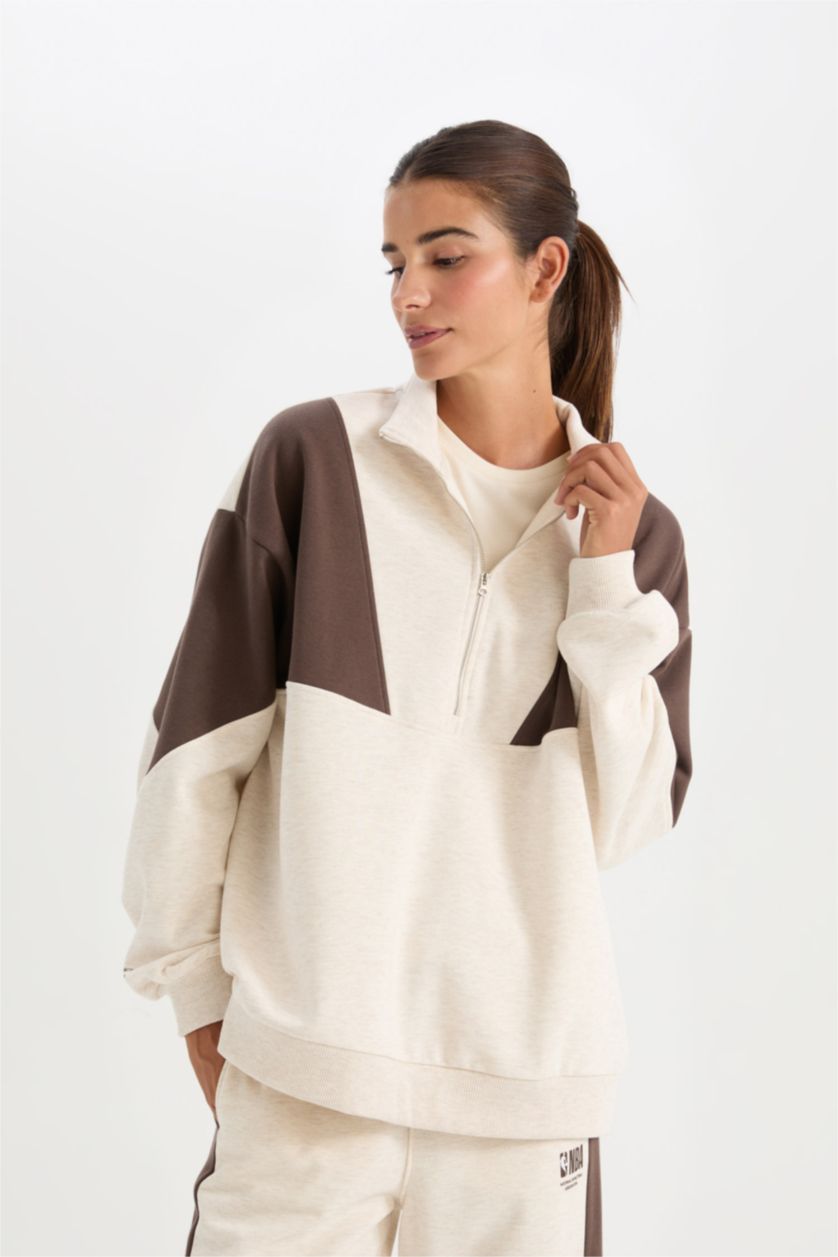 FEMME Beige Sweat-Shirt Oversize zippé NBA en tissus épais de DeFactoFit